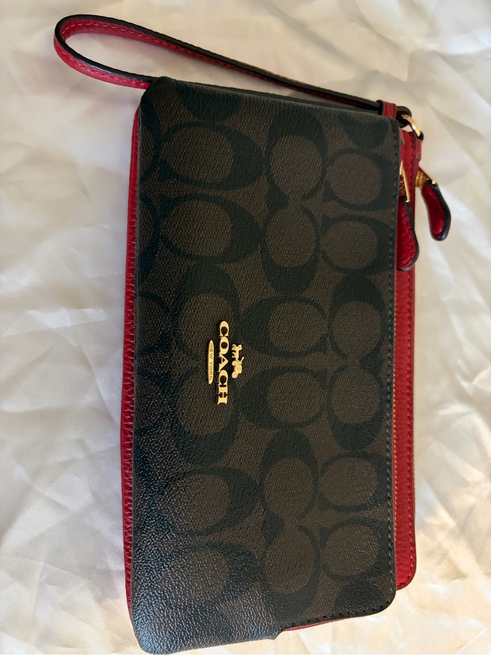 Coach Black Signature Wristlet with Red Trim